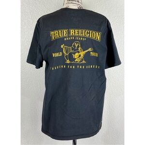 True Religion Distressed Black Buddha Logo Tee Shirt with Gold Emblem Medium